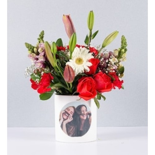 Flowerpot Roses, Lilies and Gerberas With Personalized Sticker