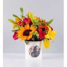 Sunflower pot and yellow lily with custom sticker