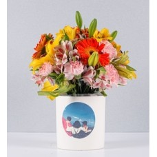 Lily, Astromelia and Orange Gerbera Pot With Personalized Sticker