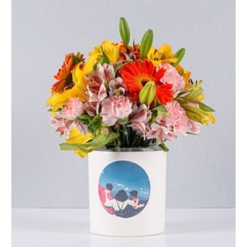 Lily, Astromelia and Orange Gerbera Pot With Personalized Sticker