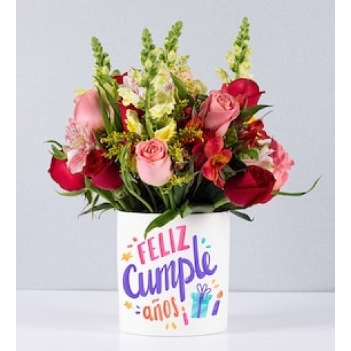 Bicolor Roses Pot and Happy Birthday Sticker