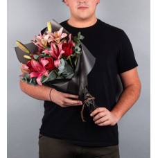 Bouquet of Red Roses and Pink Lilies