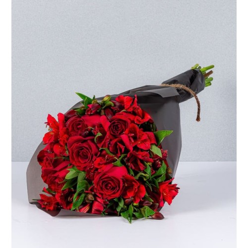 Bouquet of Red Astromelias and Red Roses