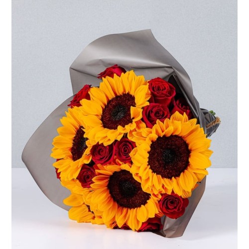 Sunflowers and Red Roses in Bouquet Design