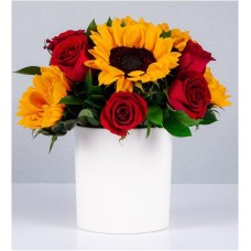 Sunflowers and Red Roses in White Vase