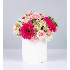 Pot Of Fuchsia Gerberas And Mini Pink Rose