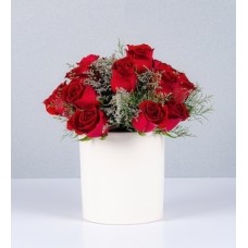 Pot of Red Roses and Limonium