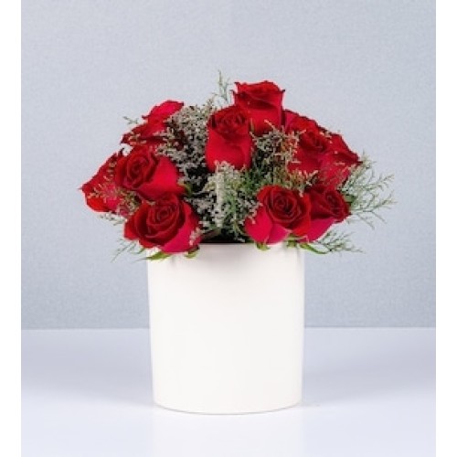 Pot of Red Roses and Limonium