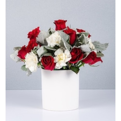 Pot Red Roses, Miller and White Carnation