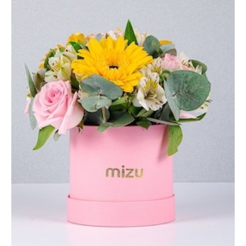 Pink Box Yellow Gerberas and Pink Rose