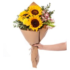 Bouquet of Yellow Roses, Sunflowers and Pink Astromelias