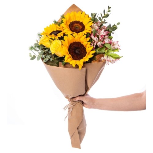 Bouquet of Yellow Roses, Sunflowers and Pink Astromelias