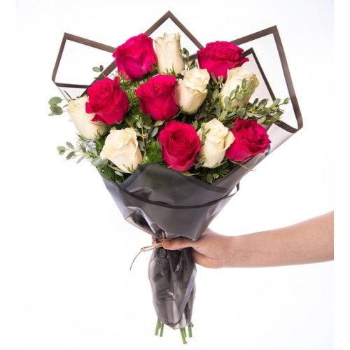 Bouquet of 12 Red and White Roses