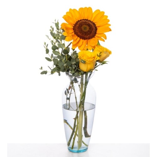 Sunflowers and Yellow Roses in a Glass Vase