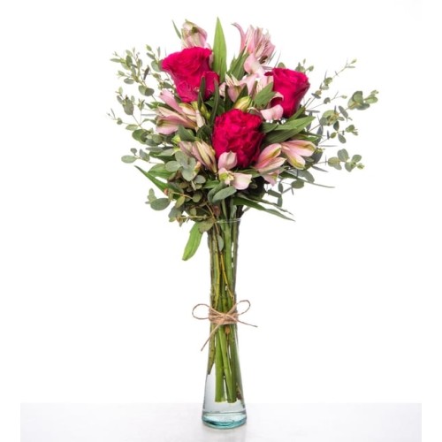 Fuchsia Roses and Pink Astromelias in a Vase