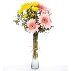 Yellow Margaritas And Pink Gerberas In Glass Vase
