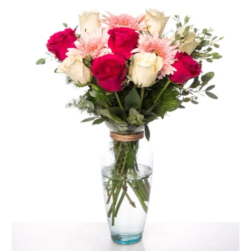 Pink and Red Gerberas, White and Fuchsia Roses in a Vase