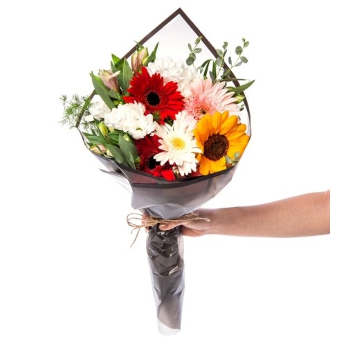 Bouquet of White Daisies, Red, Pink and White Gerberas, Sunf...