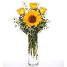 Yellow Roses And Sunflowers In Cylindrical Vase