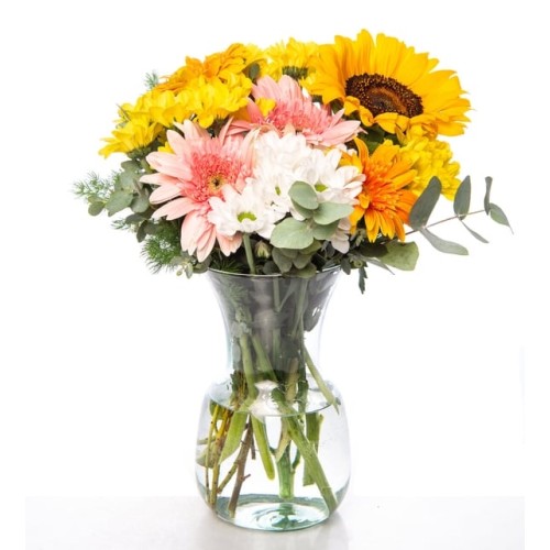 Margarita Yellow And Pink Gerberas In Glass Vase