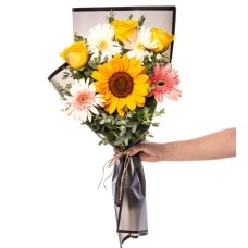 Bouquet of White and Pink Gerberas, Yellow Roses and Sunflow...