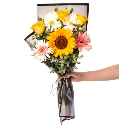 Bouquet of White and Pink Gerberas, Yellow Roses and Sunflow...