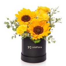 Sunflowers and Yellow Roses in Black Box