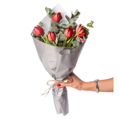Red Tulips in a Special Gray Bouquet