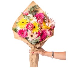 Pink Tulips and Colorful Gerberas in a Special Bouquet