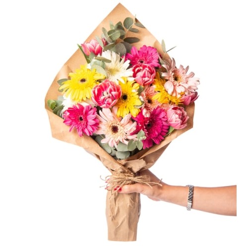 Pink Tulips and Colorful Gerberas in a Special Bouquet