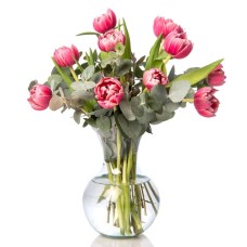 10 Pink Tulips and Eucalyptus in a Glass Vase