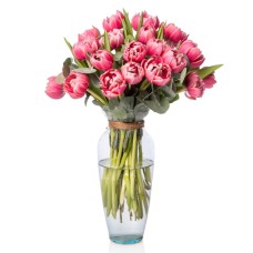 Pink Tulip and Eucalyptus Arrangement in a Glass Vase