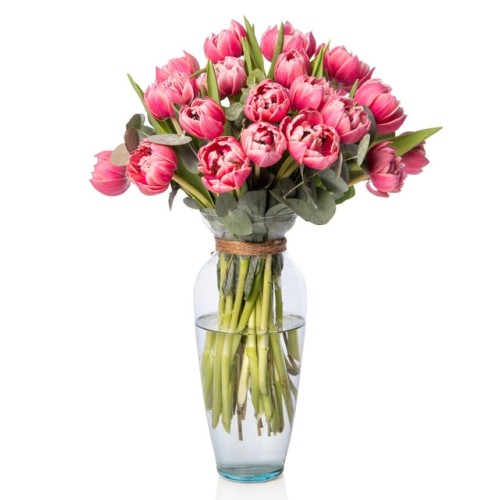 Pink Tulip and Eucalyptus Arrangement in a Glass Vase