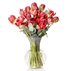 Red Tulip and Eucalyptus Arrangement in a Glass Vase