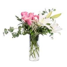 Pink Roses and White Lily in a Vase