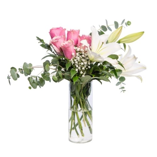 Pink Roses and White Lily in a Vase