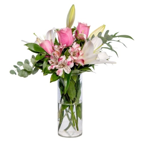 Pink Astromelia & Pink Rose & White Lily in a Vase