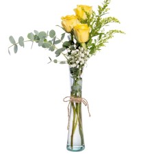 Three Yellow Roses in a Cylindrical Vase