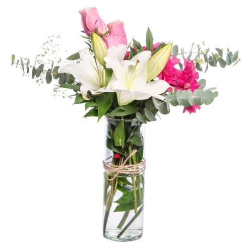 Pink Rose, Fuchsia Gerbera and White Lily in a Vase