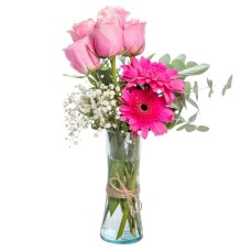 Pink Roses and Fuchsias Gerberas in a Vase