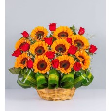 Sunflowers and Red Roses in a Wicker Basket
