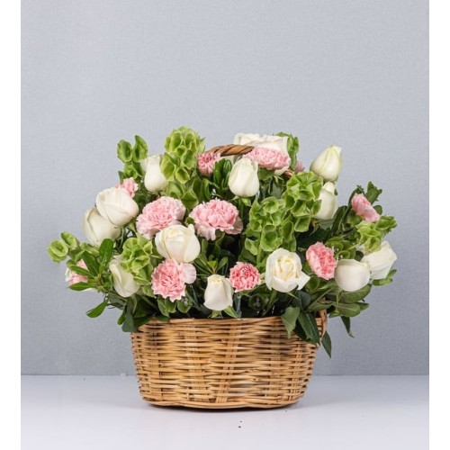 Basket Of White Roses And Pink Carnations