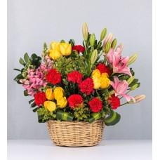 Basket Of Yellow And Pink Carnations