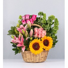 Basket Of Lilies, Roses And Sunflowers