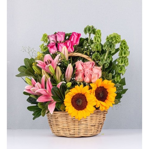 Basket Of Lilies, Roses And Sunflowers