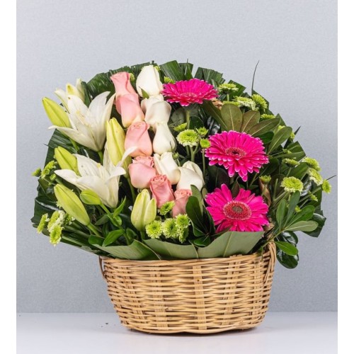 Basket Of Gerberas, Roses And Lilies