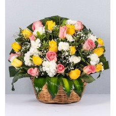 Basket Of Pink And Yellow Roses