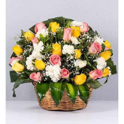 Basket Of Pink And Yellow Roses