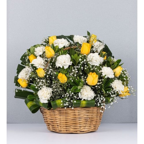 Basket Of Yellow Roses And Carnations