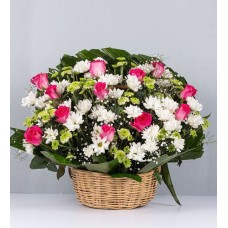 Basket Of Fucsia Roses And Daisies